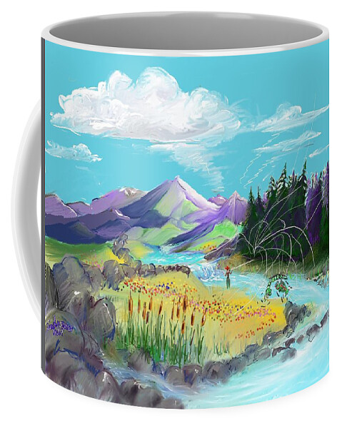 Landscape Coffee Mug featuring the digital art Fly Fishing with aa Wooly Worm. by Joseph Mora
