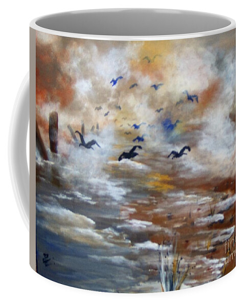 Birds Coffee Mug featuring the painting Foggy Beach by Saundra Johnson