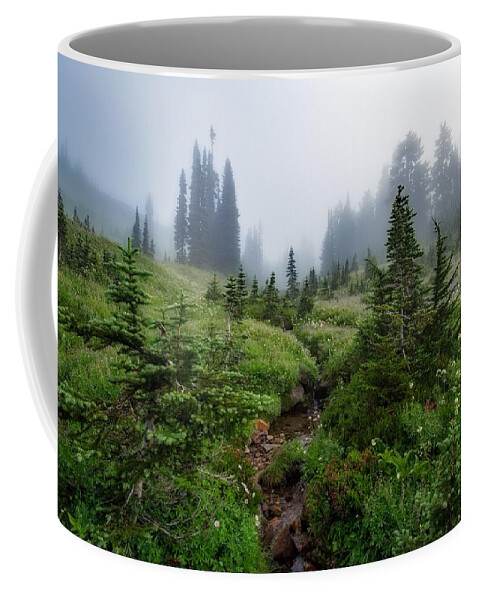 Foggy Morning On The Trail Coffee Mug featuring the photograph Foggy morning on the trail by Lynn Hopwood
