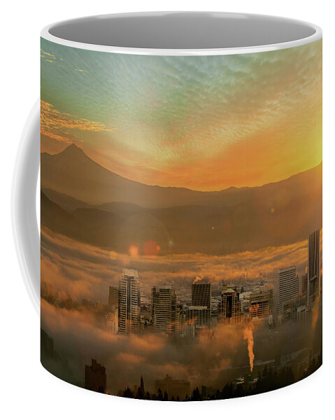 Portland Coffee Mug featuring the photograph Foggy Morning over Portland Cityscape during Sunrise by David Gn