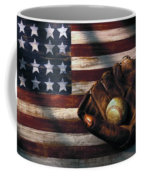 Folk Art American Flag Coffee Mug featuring the photograph Folk art American flag and baseball mitt by Garry Gay