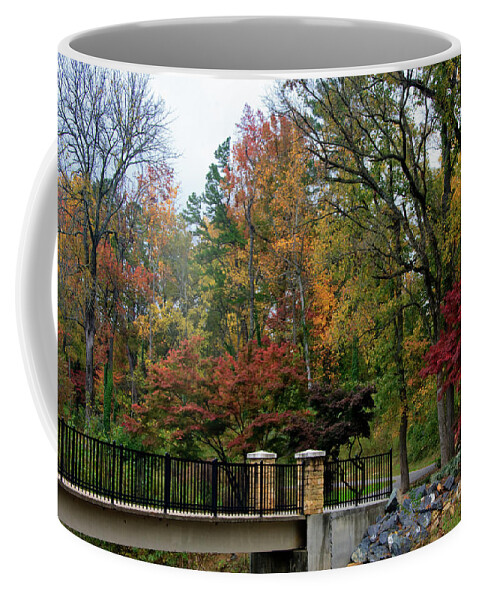 Freedom Park Bridge Coffee Mug featuring the photograph Foot Bridge in the Fall by Jill Lang