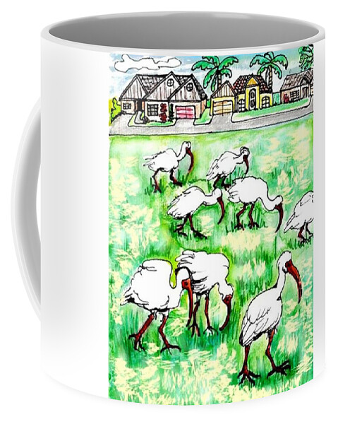 Ibis Coffee Mug featuring the drawing Foraging ibis by Carol Allen Anfinsen