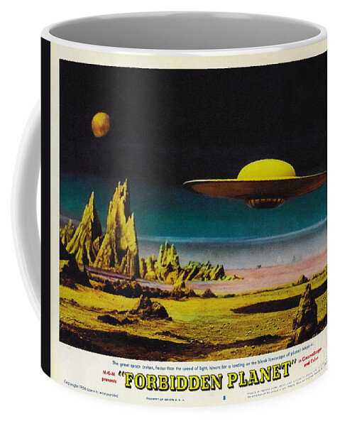 Forbidden Planet Coffee Mug featuring the painting Forbidden Planet in CinemaScope retro classic movie poster detailing flying saucer by Vintage Collectables