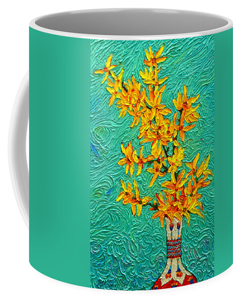 Spring Coffee Mug featuring the painting Forsythia Vibration Modern Impressionist Flower Art Palette Knife Oil Painting By Ana Maria Edulescu by Ana Maria Edulescu