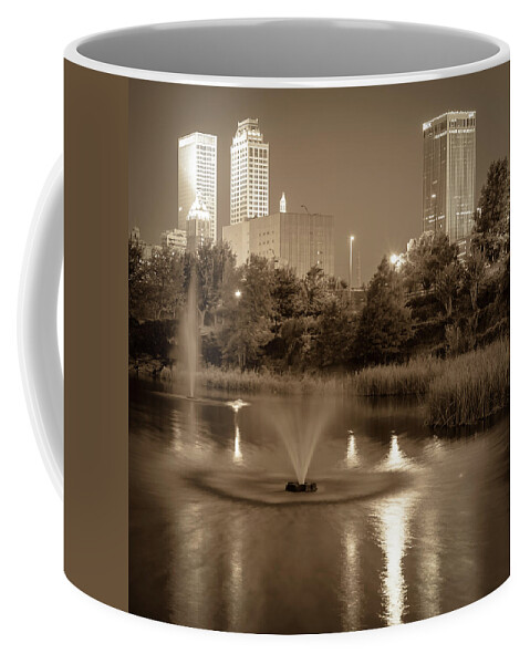 Usa Coffee Mug featuring the photograph Fountains Under the Tulsa Skyline - Sepia by Gregory Ballos