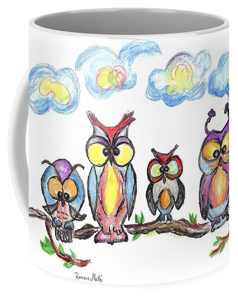 Funny Birds Coffee Mug featuring the drawing Four Friends by Ramona Matei
