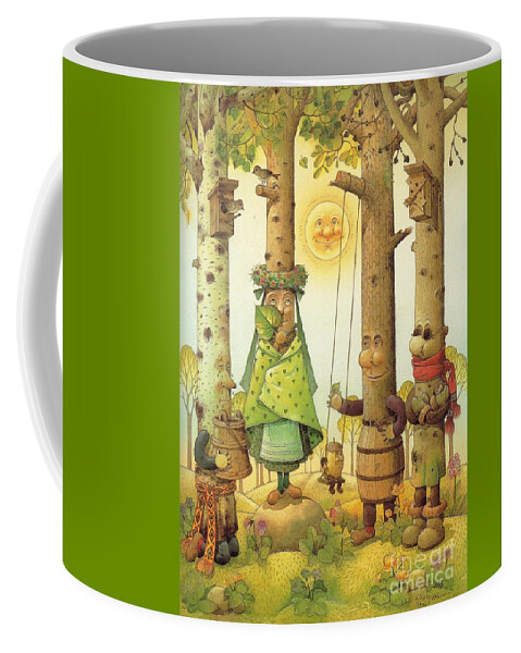 Landscape Tree Forest Green Fairy Tales Sun Spring Coffee Mug featuring the painting Four Trees by Kestutis Kasparavicius