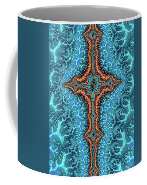 Cross Coffee Mug featuring the digital art Fractal cross turquoise and orange by Matthias Hauser