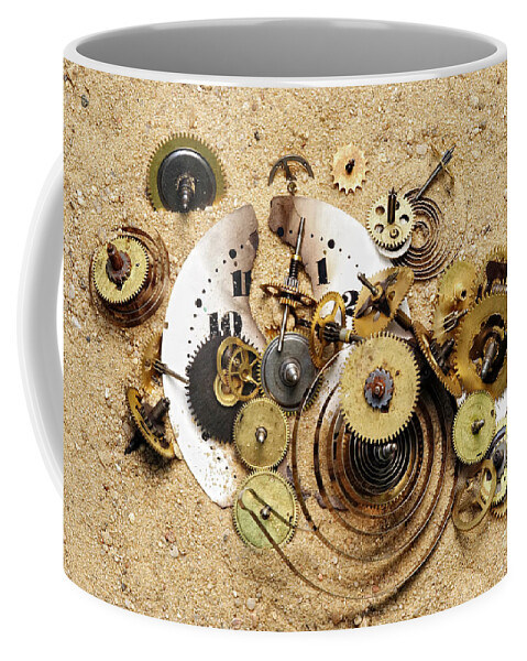 Clockwork Coffee Mug featuring the photograph Fragmented Clockwork In The Sand by Michal Boubin