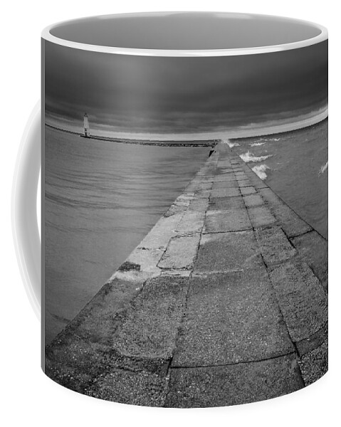 Waves Coffee Mug featuring the photograph Frankfort Michigan Pier Black and White by Pelo Blanco Photo