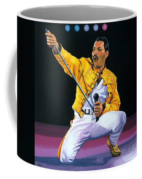 Freddie Mercury Coffee Mug featuring the painting Freddie Mercury Live by Paul Meijering
