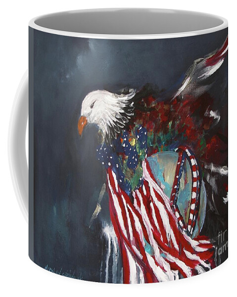 Freedom Rings Eagle American Flag Dark Red White Symbol Abstract Painting Print Peace World Earth Usa Bird Fly Wings Sky American Nation Pride Miroslaw Chelchowski American Eagle Coffee Mug featuring the painting Freedom Rings by Miroslaw Chelchowski