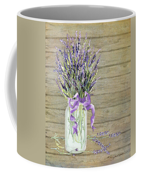 Watercolor Coffee Mug featuring the painting French Lavender Rustic Country Mason Jar Bouquet on Wooden Fence by Audrey Jeanne Roberts