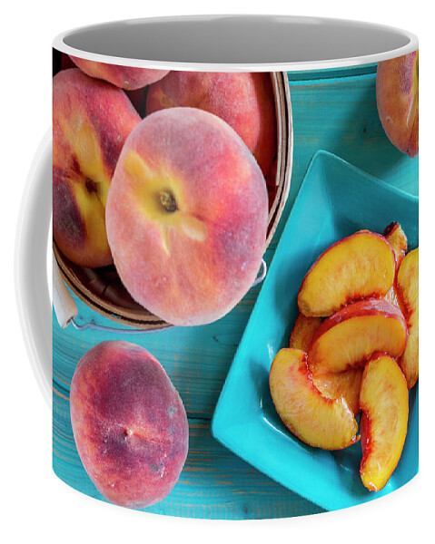 Colorado Peaches Coffee Mug featuring the photograph Fresh organic yellow peaches and peach salsa by Teri Virbickis