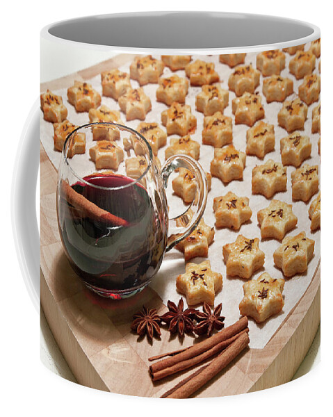 Cookie Coffee Mug featuring the photograph Freshly baked cheese cookies and hot wine by GoodMood Art