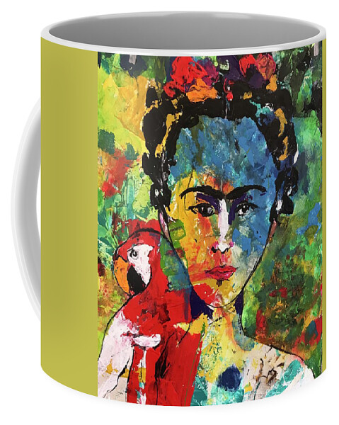 Frida Coffee Mug featuring the painting Frida and Parrot Uno by Elaine Elliott