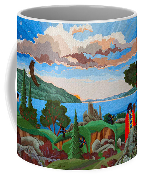 American Indian Painting Coffee Mug featuring the painting From a High Place, Troubles Remain Small by Chholing Taha