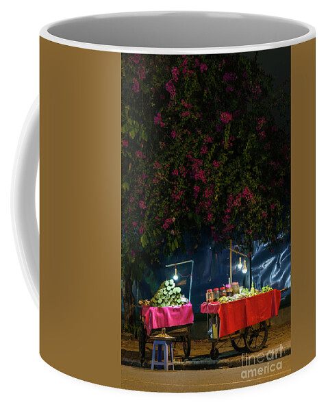 Asian Coffee Mug featuring the photograph Fruit Snack Stand On Phnom Penh Cambodia Street At Night by JM Travel Photography