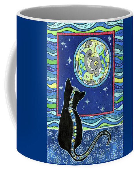 Black Cat Coffee Mug featuring the painting Pisces Cat Zodiac - Full Moon by Dora Hathazi Mendes