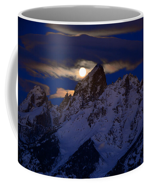 Full Moon Sets Over The Grand Teton Coffee Mug featuring the photograph Full Moon Sets Over the Grand Teton by Raymond Salani III