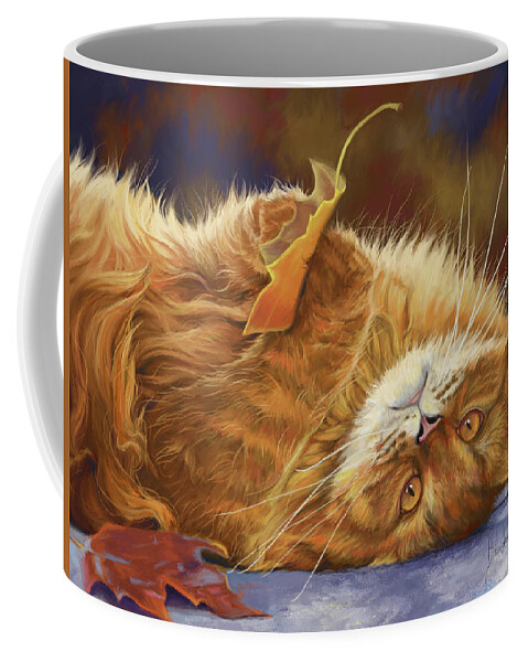Cat Coffee Mug featuring the digital art Fun in the Fall by Lucie Bilodeau