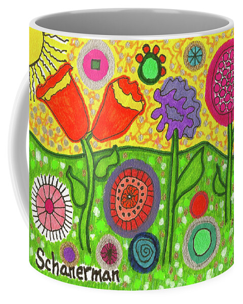 Original Drawing Coffee Mug featuring the drawing Funky Flowers All In A Row by Susan Schanerman