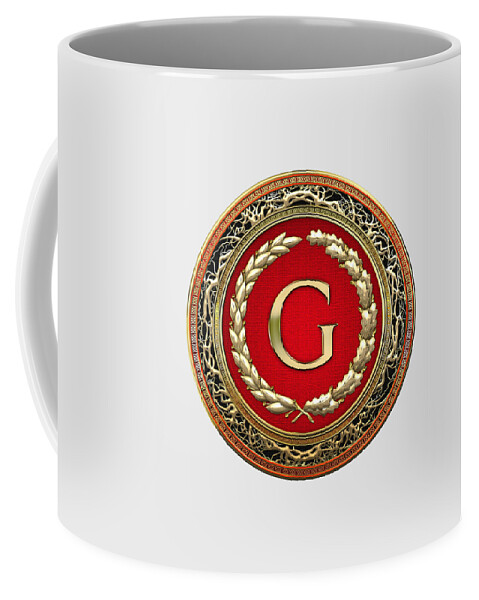 'vintage Monograms 3d' Collection Serge Averbukh Coffee Mug featuring the digital art G - Gold Vintage Monogram on White Leather by Serge Averbukh