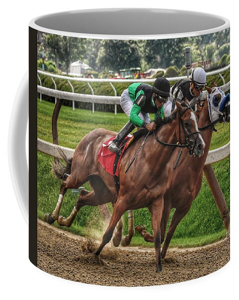 Race Horses Coffee Mug featuring the photograph Gaining by Jeffrey PERKINS