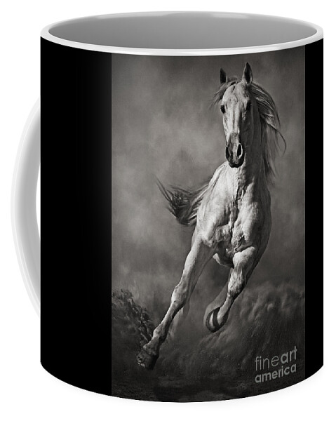 Horse Coffee Mug featuring the photograph Galloping White Horse in Dust by Dimitar Hristov