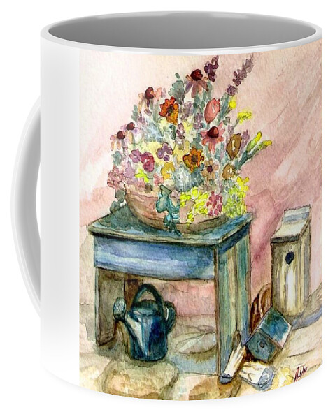 Gardening Coffee Mug featuring the painting Garden Bench by Deb Stroh-Larson