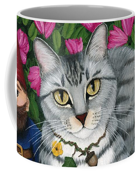 Silver Tabby Cat Coffee Mug featuring the painting Garden Friends - Tabby Cat and Gnomes by Carrie Hawks