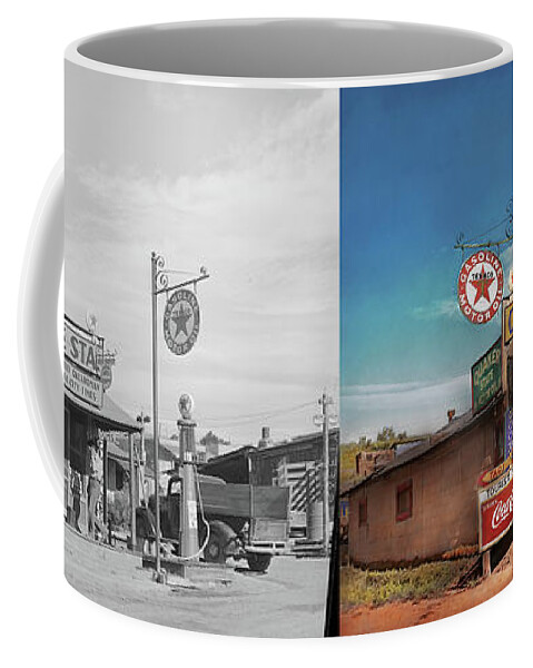 Color Coffee Mug featuring the photograph Gas Station - Oklahoma Service Station 1939 - Side by Side by Mike Savad