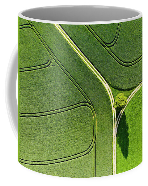 Green Landscape Coffee Mug featuring the photograph Geometric landscape 05 Tree and green fields aerial view by Matthias Hauser