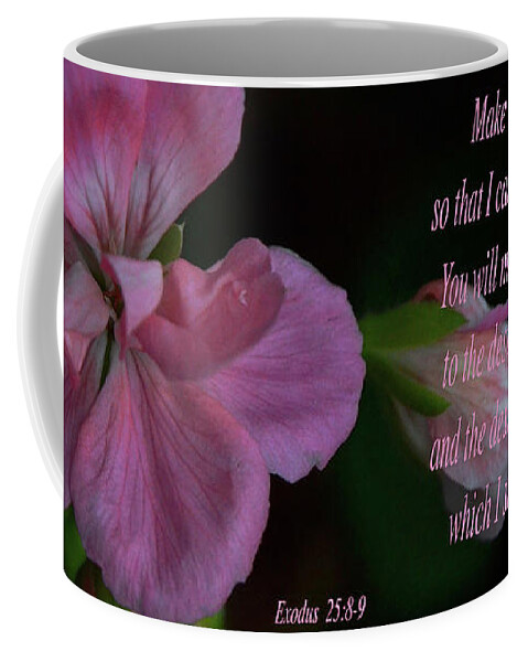 Scripture Coffee Mug featuring the photograph Geranium After the Rain Scripture by Debby Pueschel