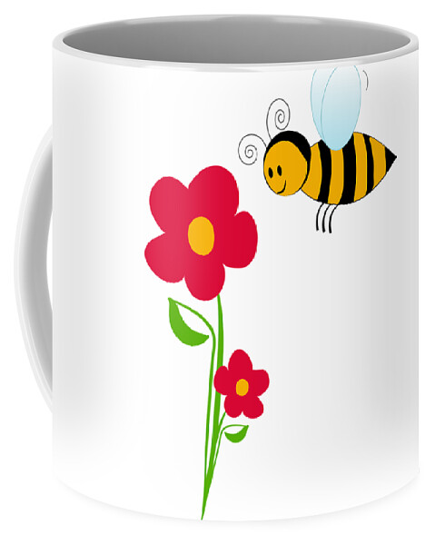 Bumble Bee & Flower Vector Art Coffee Mug featuring the drawing Giant Bumble Bee And Red Flowers by Serena King
