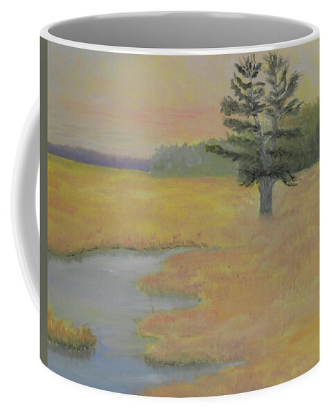 Landscape Marshes Water Maine Bristol Trees Sunrise Coffee Mug featuring the painting Giant in the Marsh by Scott W White