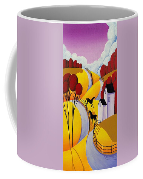 Art Coffee Mug featuring the painting Giddy Up - horse landscape whimsical art by Debbie Criswell