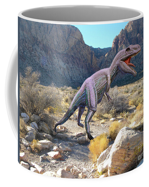 Dinosaur Art Coffee Mug featuring the mixed media Gigantosaurus In The Desert by Frank Wilson