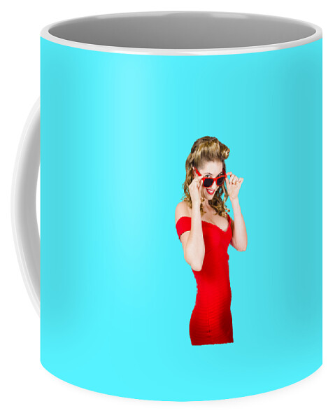 Sunglasses Coffee Mug featuring the photograph Girl adjusting glasses to flashback a 1950s look by Jorgo Photography
