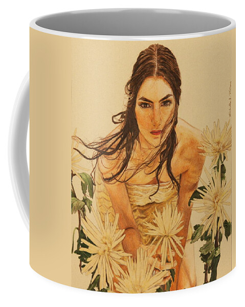 Girl Coffee Mug featuring the drawing Girl Among the Flowers by Michelle Miron-Rebbe