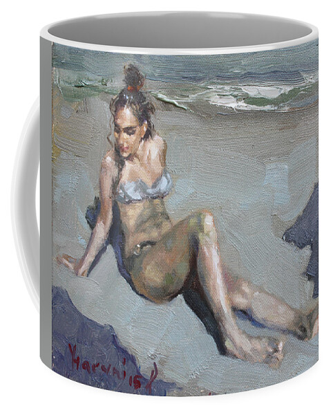 Sexy Girl Coffee Mug featuring the painting Girl at the Beach by Ylli Haruni