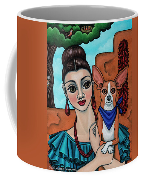 Chihuahua Art Coffee Mug featuring the painting Girl Holding Chihuahua Art Dog Painting by Victoria De Almeida