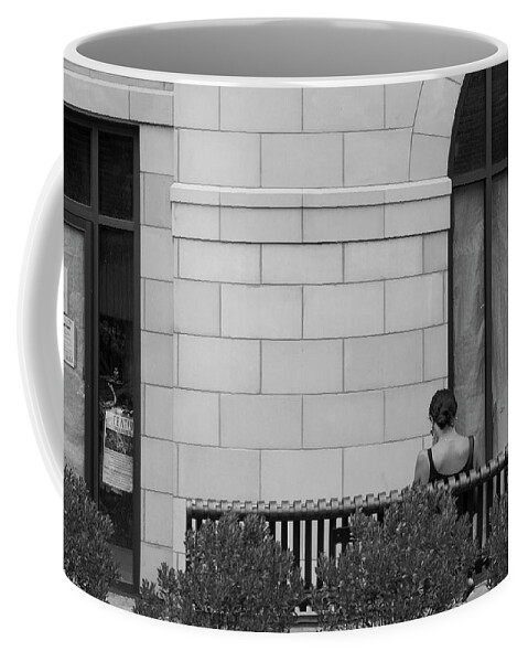 Patchogue Ny Coffee Mug featuring the photograph Girl on a bench, New Village by Steve Gravano