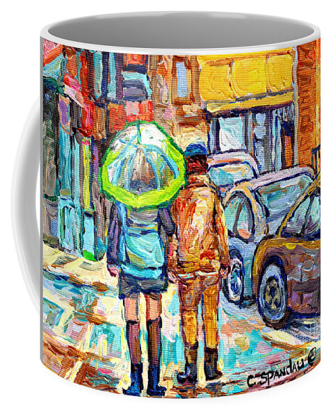 Montreal Coffee Mug featuring the painting Girl With Green Umbrella Rainy Day Rue Wellington Walking Verdun Streets Canadian Art C Spandau by Carole Spandau