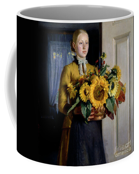 Michael Ancher Coffee Mug featuring the painting Girl with sunflowers by O Vaering