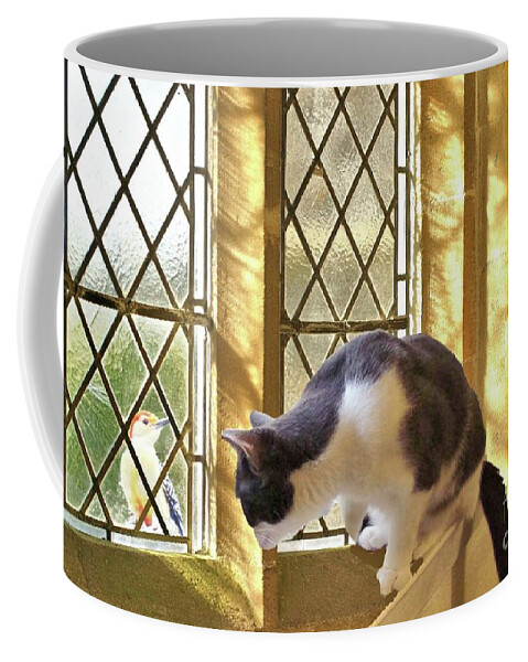 Cat Coffee Mug featuring the photograph Girlie the Cat Watching the Red Headed Woodpecker by Janette Boyd