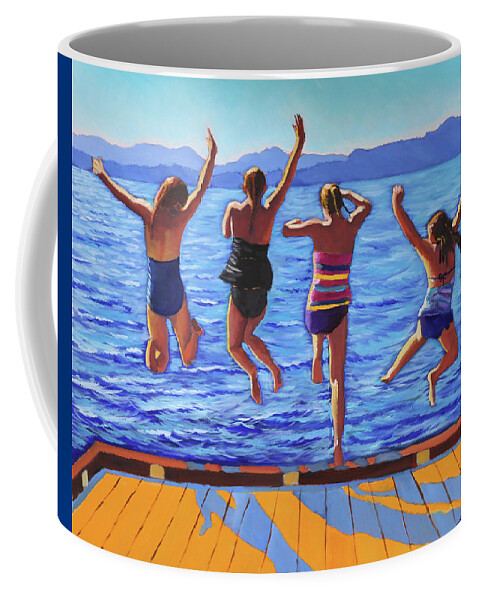 Girls Coffee Mug featuring the painting Girls Jumping by Kevin Hughes