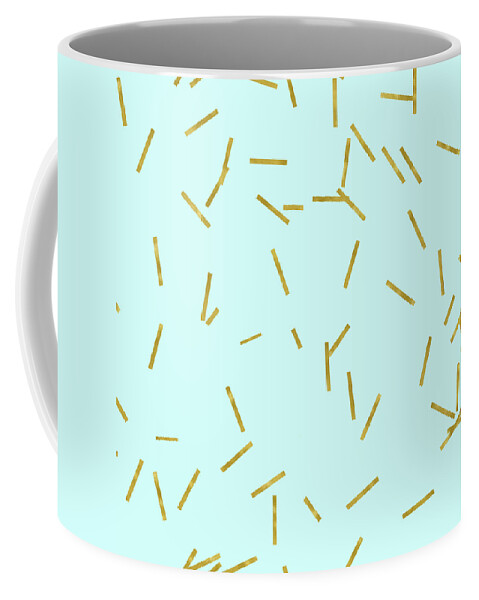 Stix Coffee Mug featuring the digital art Glitter confetti on aqua gold pick up sticks pattern by Tina Lavoie