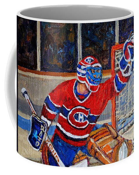Hockey Coffee Mug featuring the painting Goalie Makes The Save Stanley Cup Playoffs by Carole Spandau